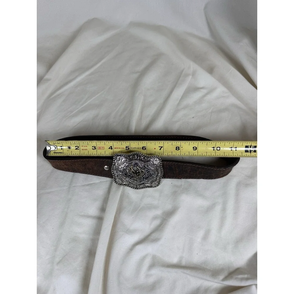 Kids Western Tooled Brown Leather Belt Bull‎ Rider Silver Gold Buckle Cowboy 29